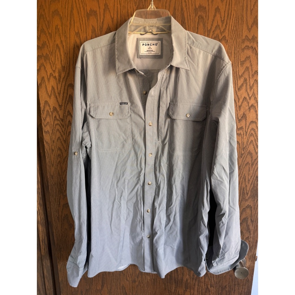 Poncho Outdoors Mens XXL Slim Fit Fishing Shirt Blue Stripe Magnetic Pockets LS